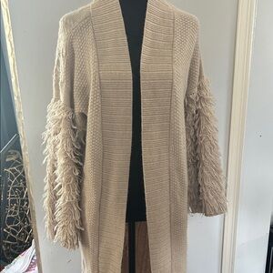 New York & Company Beige Fringe Sleeve Cardigan